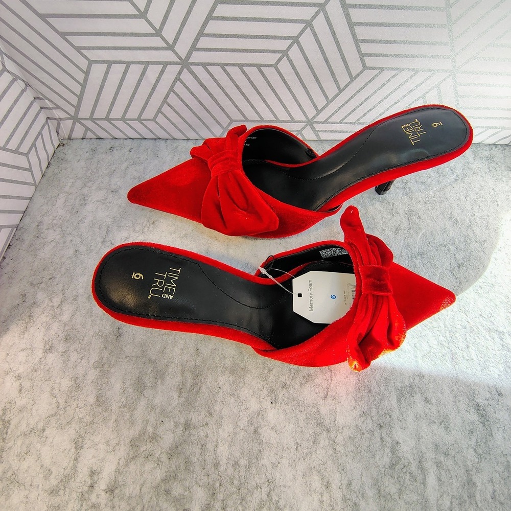Women's Red Velvet Bow Sz 9 Mule Sexy‎ Party Shoes High Heels Eveningwear - Picture 3 of 7